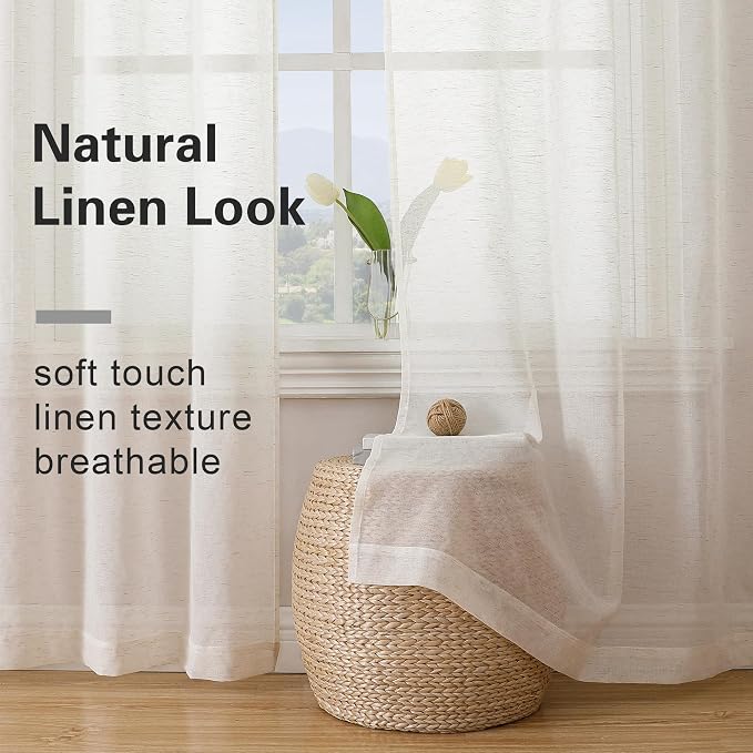 Simplebrand Natural Linen Textured Sheer Curtains 84 inches Length 2 Panels Set, Sheer Curtains Light Filtering Rod Pocket Window Sheer Curtain Panels, Elegant Curtains & Drapes for Bedroom, 40" W