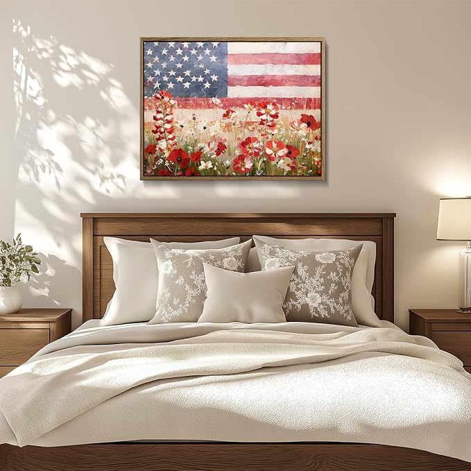 American Flag Framed Canvas Wall Art, 4th of July Patriotic Canvas Prints | Wildflower Meadow Landscape Poster Print, Vintage Rustic Independence Day Wall Decor for Bedroom Living Room 6×8in