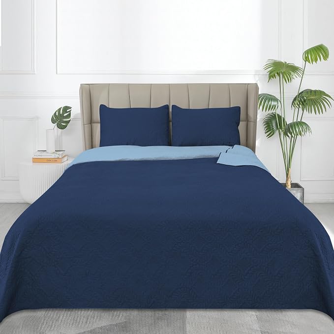 Easy-Going Reversible Quilt Set King, Bedspread with 2 Shams | Olive leaf-Dark Blue/Light Blue, Lightweight Microfiber Bed Comforter, 1 Quilt + 2 Pillow Shams, All-Season Coverlets
