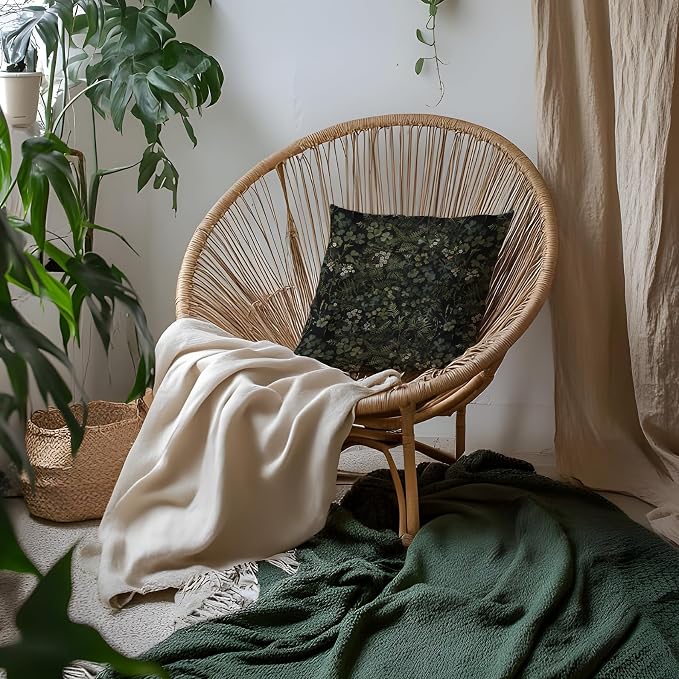 Dark Green Botanical Pillow Covers 18x18, Dark Cottagecore Room Decor, Vintage Moody Green Plant Wildflower Floral Decorative Throw Pillow Covers for Home Bedroom Living Room