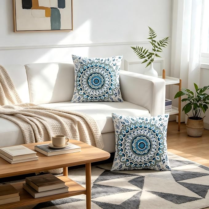 Boho Throw Pillow Covers 18x18 Set of 2 Blue Mandala Decorative Cushion Covers with Hidden Zipper Soft Polyester Double Sided Machine Washable