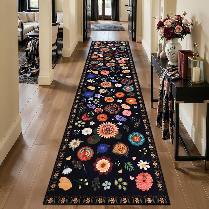 Ciicool 2x10 Hallway Runner Rug Non Slip Floral Washable Long Kitchen Rugs | Low Pile Soft Boho Indoor Carpet for Entrance Laundry Bedroom Living Room