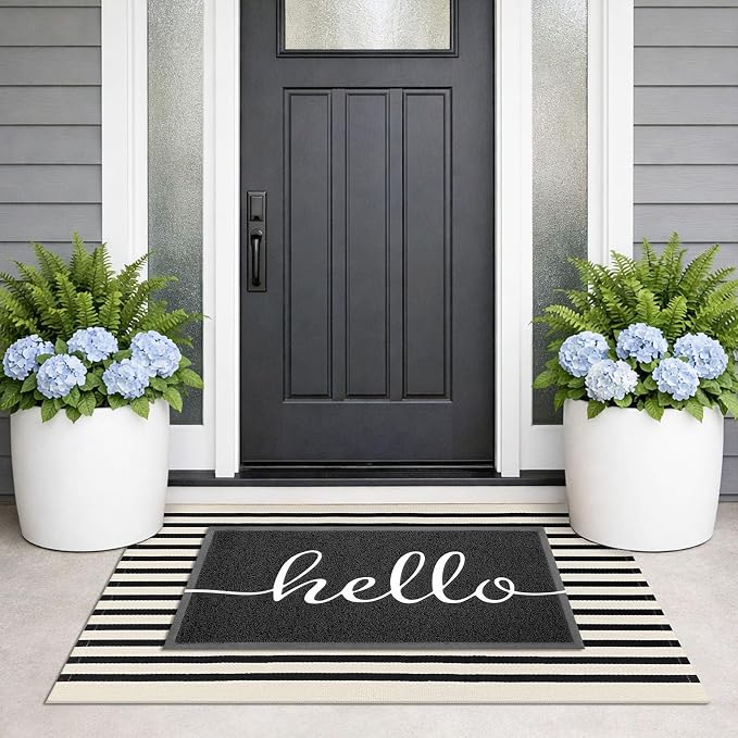 KILOCOCO Beige Striped Rug 2.3'x3.6' Indoor Outdoor Rugs Front Door Mat | Cotton Washable Striped Front Porch Rug, Woven Layered Doormats, Welcome Mat for Entryway, Low Pile Kitchen Rugs