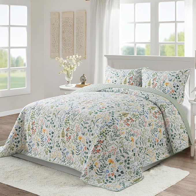 NEWLAKE Cotton Bedspread Quilt Sets-Reversible Patchwork Coverlet Set, Green Classic Floral Pattern, Queen Size