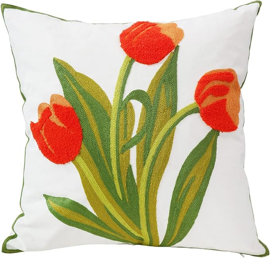 Embroidery Throw Pillow Cover 18x18 Home Decor Floor Pillow Cover for Couch Sofa Chair Best Gift 100% Cotton Floral Embroidered Cushion Cover Square Pillowcase 45x45cm Red Tulip, 1 Piece