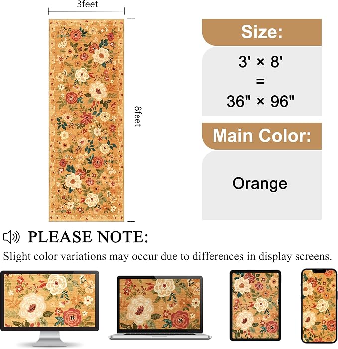 DUKINO 3x8 Kitchen Runner Rug, Washable Rug for Hallway Non Slip, Orange | Soft, Low Pile, Floral Indoor Carpet Runner for Hallway, Entryway, Bedroom, Bathroom, Laundry, Pet Friendly, Home Decor