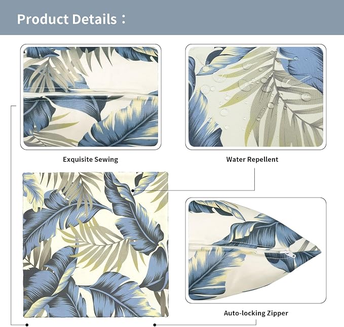 Outdoor Pillow Covers 16x16 Inch Set of 2 Waterproof Decorative Throw Pillow Covers Patio Pillow Cases for Patio Furniture Garden Couch Farmhouse,Lush Palm Blue