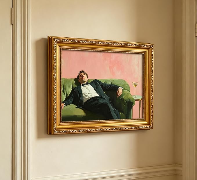 Vintage Gold Framed Bar Wall Art, Victorian Woman and Man on Couch with Martini Oil Painting Canvas Prints, Eclectic Cocktail Picture, Trendy Bar Cart Decor Poster Artwork for Kitchen Dining Room