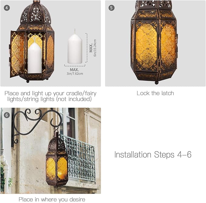 Lewondr Ramadan Lantern Decorations, Glass Moroccan Bookshelf Lantern, Gold | 12 Inch, Portable Candle Holder, Hanging or Tabletop, Metal Hollow-Out Design, Vintage Decorative, for Home Porch Patio Decor