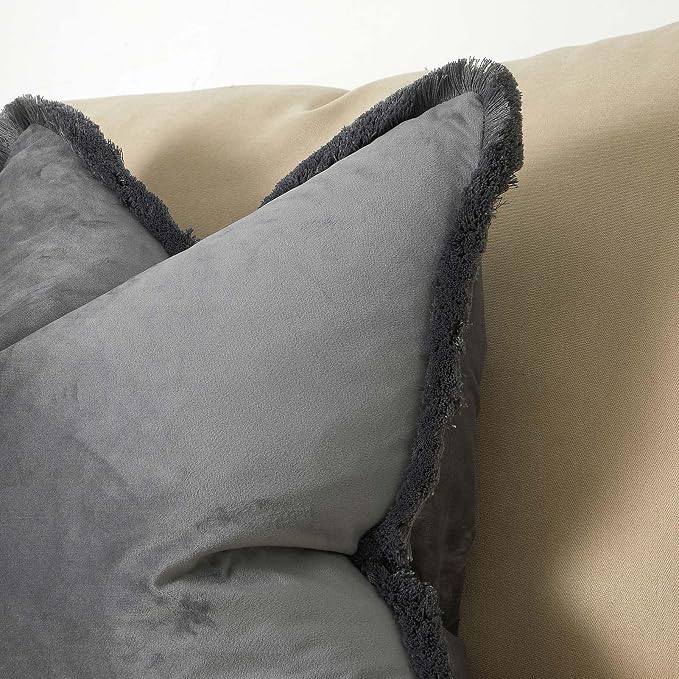 JUSPURBET Gray Decorative Velvet Fringe Throw Pillow Covers 22x22 Set of 2 Boho Soft Cushion Case for Home Decor Living Room Couch Sofa Bed
