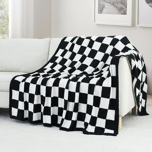 Carriediosa Checkered Throw Blanket 90x90, 400GSM Ultra Soft Microfiber | Black, Queen, Fuzzy Fluffy Cozy Plush Knitted Plaid Checker, Lightweight Cute Preppy Fall Blankets & Throws for Couch, Bed