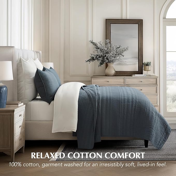 EVERGRACEHOME 100% Cotton Quilt Set Oversized Cal King, Midnight Blue | Pre-Washed Soft Cotton, Striped Coverlet Bedspread, 3 Piece Lightweight Bedding Set for All Season, with 2 Pillow Shams