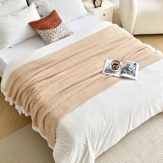 Chunky Knit Boucle Throw Blanket, Soft Washable Coastal Blanket for Bed Couch, Lightweight Cozy Oversized Feather Knit Blanket Indoor Outdoor for Sofa (Beige, Throw 50"x60")