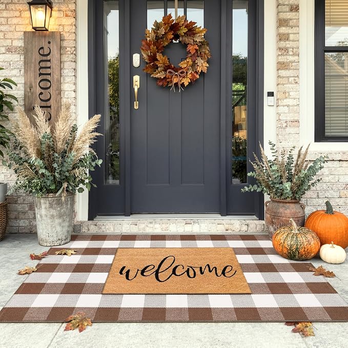 LEEVAN Fall Buffalo Plaid Outdoor Rugs 3x5, Brown and White Porch Rug | Washable Woven Welcome Layered Modern Farmhouse Checkered Entryway Door Mat for Kitchen Bathroom Fall Front Door