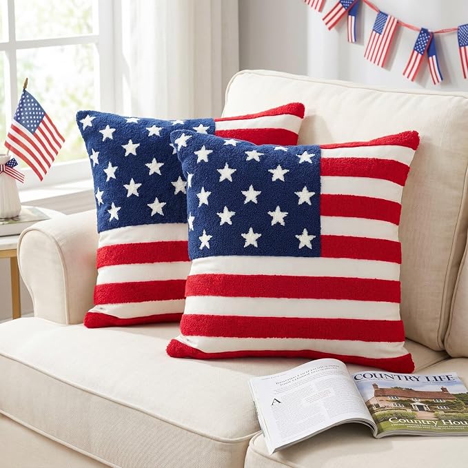 GEEORY Patriotic American Flag Pillow Covers Set of 2 16x16, Chenille