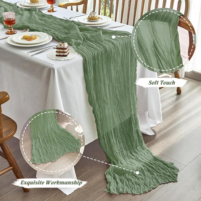 IVAPUPU Sage Green Table Runner 120 Inches for Birthday Party Home Decor | 10 Pcs Boho Gauze 10FT Cheesecloth Table Runners for Wedding Baby Shower Decorations Summer Garden Farmhouse