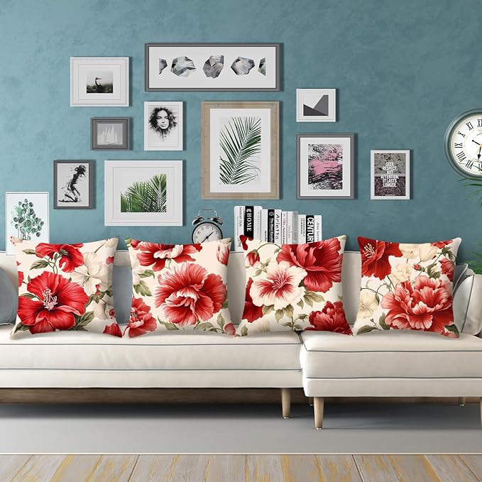 Red Floral Throw Pillow Covers 18x18 inch Set of 4 Hibiscus Flowers Chinoiserie Pillow Cases Spring Decorative Cushion Covers for Sofa Couch Bed