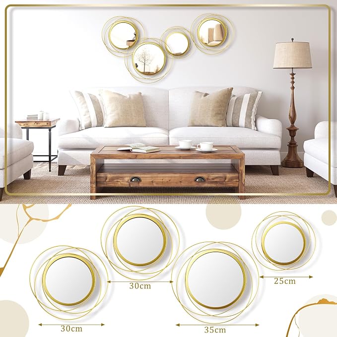 Hicarer 4 Pcs Decorative Wall Mirror Round Modern Circle Mounted Mirror Metal Wall Art Decor for Bedroom Living Room Entryway Dining Room Hallway(Gold)