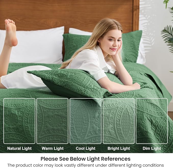 Love's cabin Quilts for Full Bed Dark Green Bedspreads Bedding Set - Lightweight Bedspread Comforter - Coin Pattern Bedding Coverlet for All Season - 3 Pieces (1 Quilt, 2 Pillow Shams)