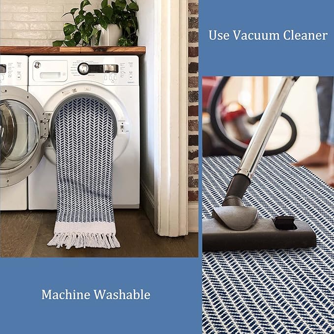 Lahome Boho Bathroom Runner Rug, 2x6 Washable Rugs for Kitchen Hallway | Woven Cotton Laundry Room Throw Carpet with Tassels, Farmhouse Decor Blue Non Shedding Lightweight Mat for Entryway Bath