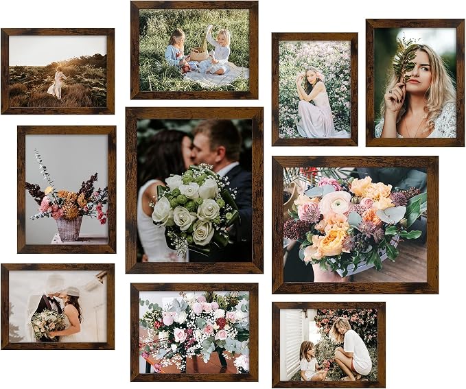 LUCKYLIFE Picture Frame Set 10-Pack, Gallery Wall Frame Collage with 8x10 5x7 4x6 Frames in Yellow Brown Finishes