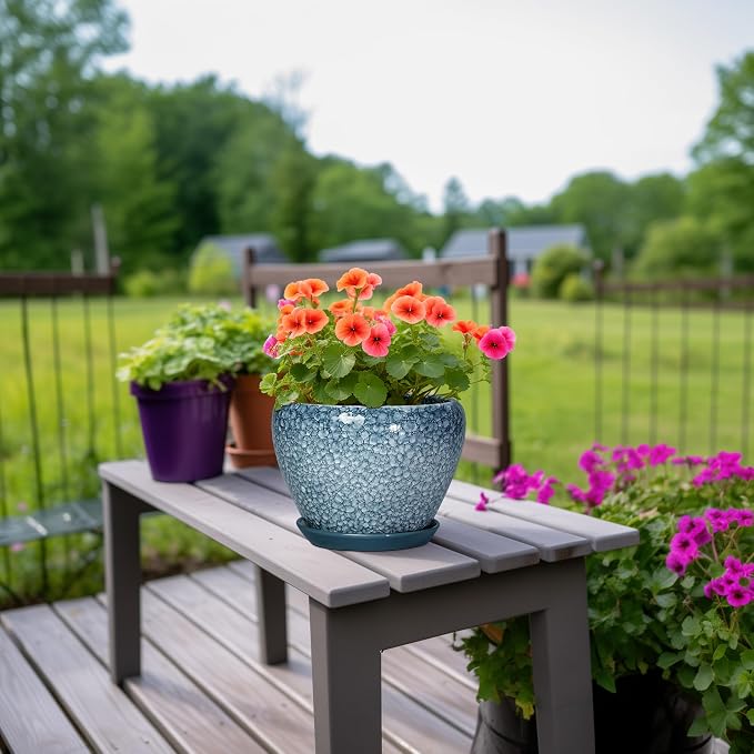 Ceramic Planter Pots - 8 Inch Planters for Indoor Outdoor Plants, Modern Flower Pot with Drainage Hole and Saucer, Round Ceramic Planter, Bookshelf Decor, Gifts for Gardeners, Stone Blue