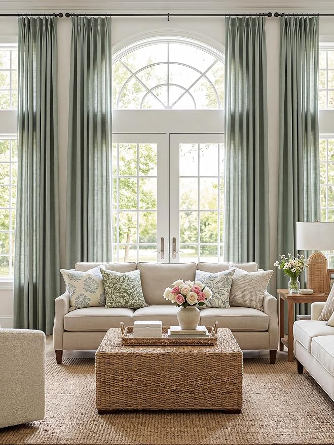 Liz Pinch Pleated Linen Curtains Light Filtering Curtains for Living Room, Farmhouse Window Curtains for Bedroom, Modern Drapes with Hooks and Rings, 95 Inches Long, Sage Green, 2 Panels Set