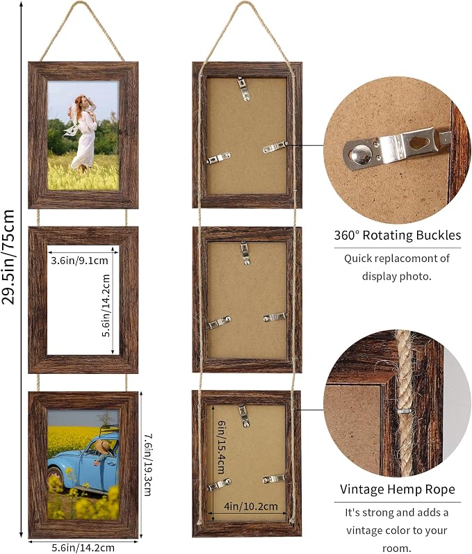 4x6 Collage Picture Frames Set of 2, Rustic Wooden Real Glass Vertical Hanging 3 Opening 4 by 6 Photo Frame, Distressed Brown