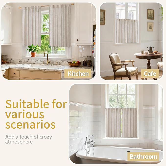 YoungsTex Small Linen Cafe Curtains 36 Inch Length for Window Over Sink | Semi Sheer Half Drapes with Rod Pocket Back Tab Natural for Bathroom Kitchen Windows, 2 Panels, 24 X 36 Inch