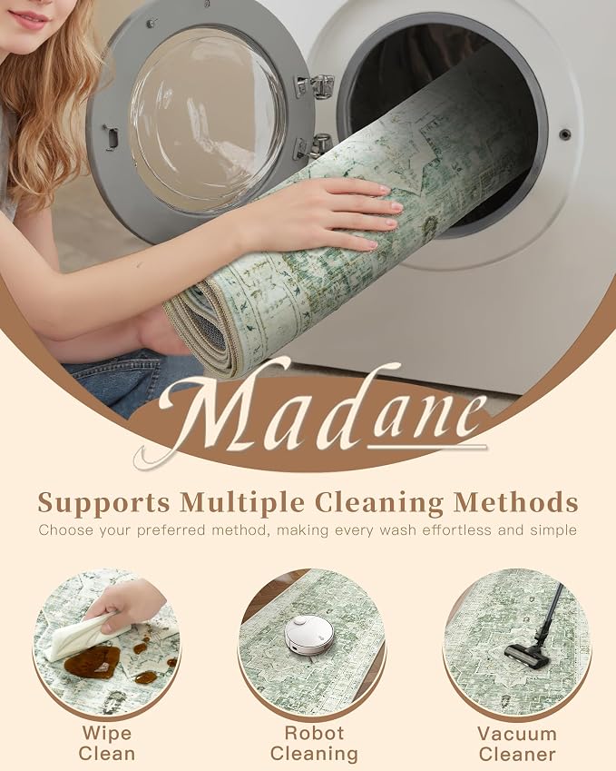 Madane Washable Runner Rug 2x6 Runners for Hallways Non Slip, Green/Ivory | Vintage Stain-Resistant 6 Feet Kitchen Rug, Soft Low-Pile Ultra-Thin Floor Carpet Mat for Bathroom Laundry Room Bedroom 2x6ft