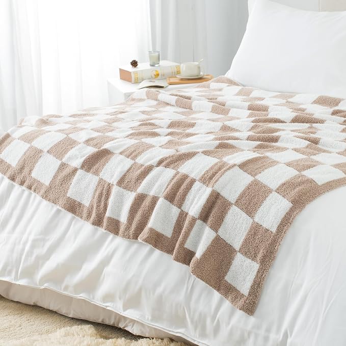 Carriediosa Checkered Throw Blanket 60x80, 400GSM Ultra Soft Microfiber | Taupe, Fuzzy Fluffy Cozy Plush Knit Knitted Plaid Checker, Lightweight Cute Preppy Fall Blankets & Throws for Couch, Bed