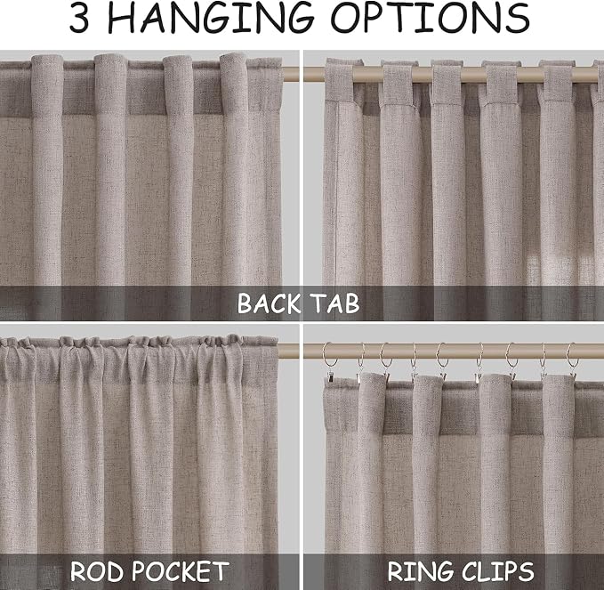 Brownish Grey Linen Curtains for Living Room 80 Inch Length Back Tab Light Filtering Semi Sheer Curtain Modern Farmhouse Decor for Bedroom Office Luxury Textured Drapes 52x80, 2 Panels