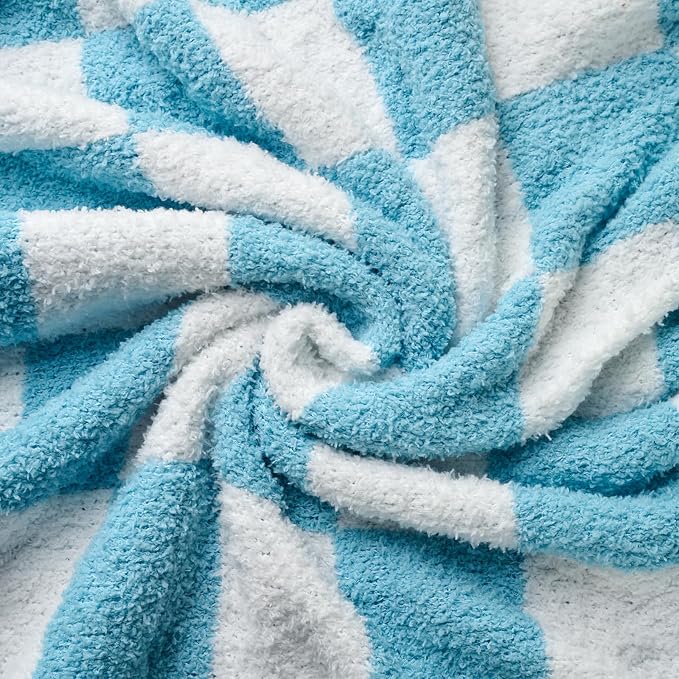 Checkered Throw Blanket for Couch, Soft Cozy Warm Knitted Blankets | Lightweight Fuzzy Travel Warm Decor for Women, Mom, Girls, Sofa, Chair, 50x70in, Light Blue