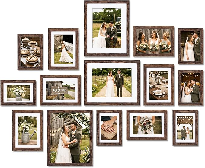 Fixwal Gallery Picture Frames Set, 15 Pack, MDF, Brown, 8x10, 5x7, 4x6 | Wall or Tabletop Decor, High-definition Plexiglas panels