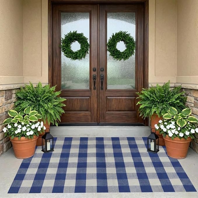 Buffalo Plaid Outdoor Rug 4x6 Ft Blue and White Checkered Area Rug Washable Indoor Outdoor Rugs for Entryway,Hallway, Kitchen, Living Room, Dining Room, Bedroom