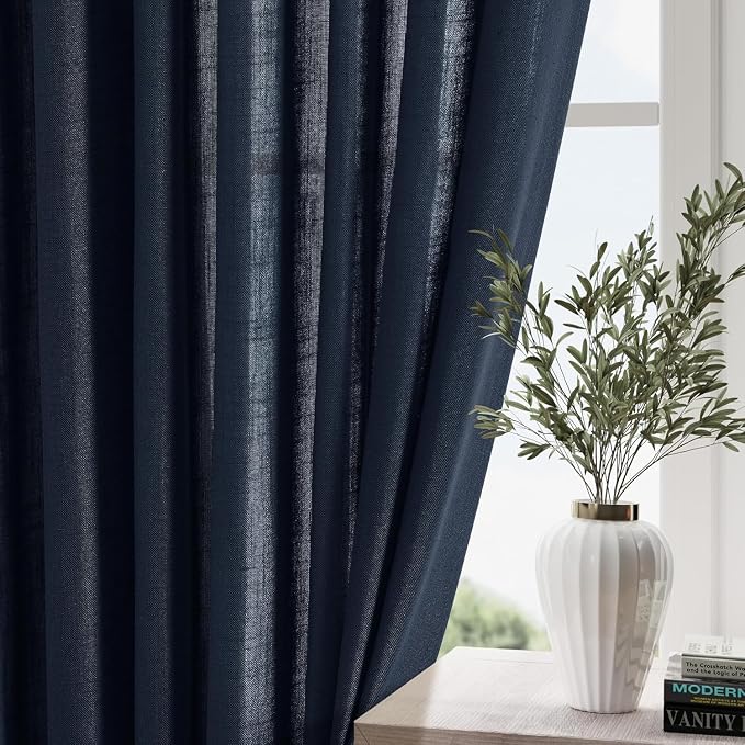 Navy Blue Curtains 80 Inches Length for Living Room Back Tab Rod Pocket Semi Sheer Linen Drapes Muted Neutral Boho Indigo Blue Linen Textured Window Curtain for Dining Room 52X80 Inch