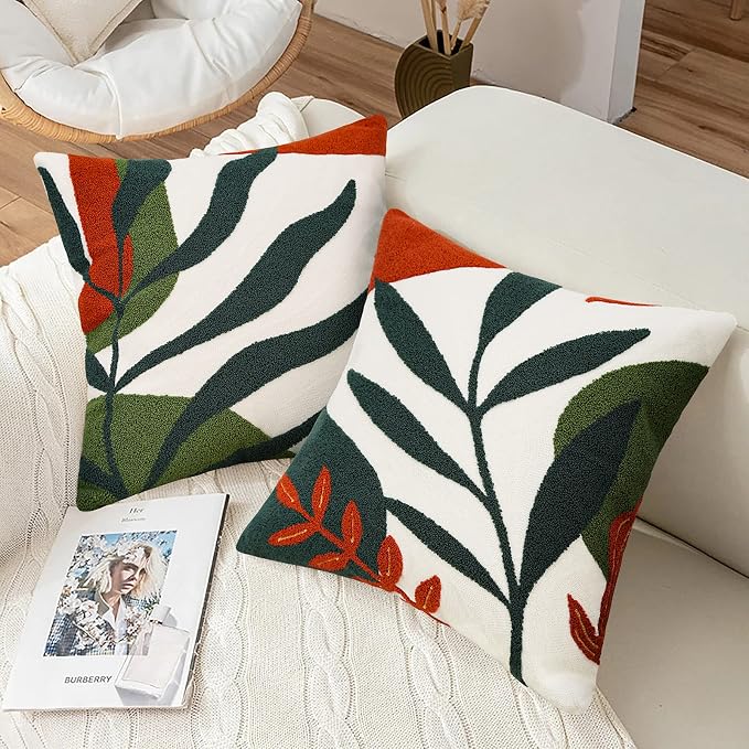 Merrycolor Boho Decorative Throw Pillow Covers 18x18 Tufted Abstract Mid Century Modern Pillow Covers Aesthetic Boho Pillows Decorative Pillows for Bed Couch Sofa Living Room Dark Green Orange（A）