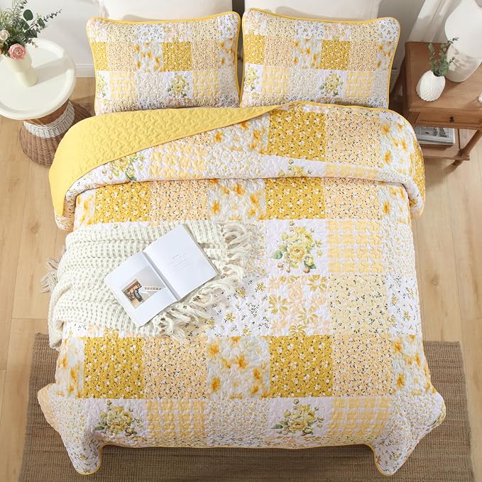 Mybedsoul Boho Quilts Queen Size, Patchwork Reversible Bedding Set, Yellow | Soft Lightweight Microfiber Floral Coverlet Set, 3 Pieces Plaid Bedspread, Bed Sets for All Seasons 96"x90"