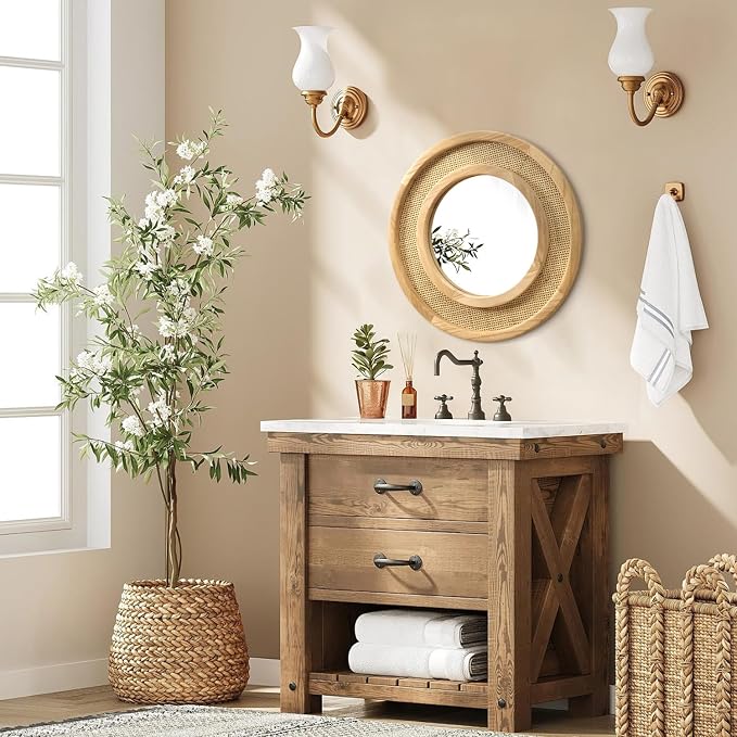 JJUUYOU Wooden Mirror Circle Mirrors for Wall 16 Inch Circular Hanging Mirrors with Wood Frame for Living Room Bathroom Vanity Entryway Hallway