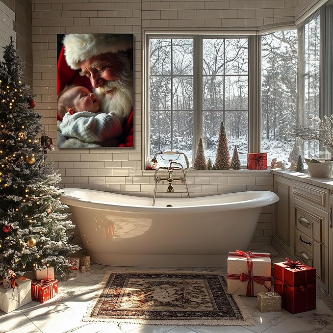 Festive Santa with Baby Christmas Canvas Poster 12x18inch - Warm Holiday Indoor Wall Decor, Framed Wall Art for Living Room, Bedroom, Dining Area & Bathroom, Christmas Home Decor