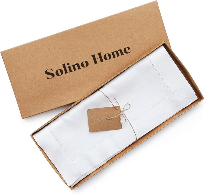 Solino Home 100% Linen Table Runner White, Classic Hemstitch 14 x 144 in | dresses up dining tables for everyday meals, hemstitched border, mitered corners, machine washable, soft, OEKO-TEX Certified