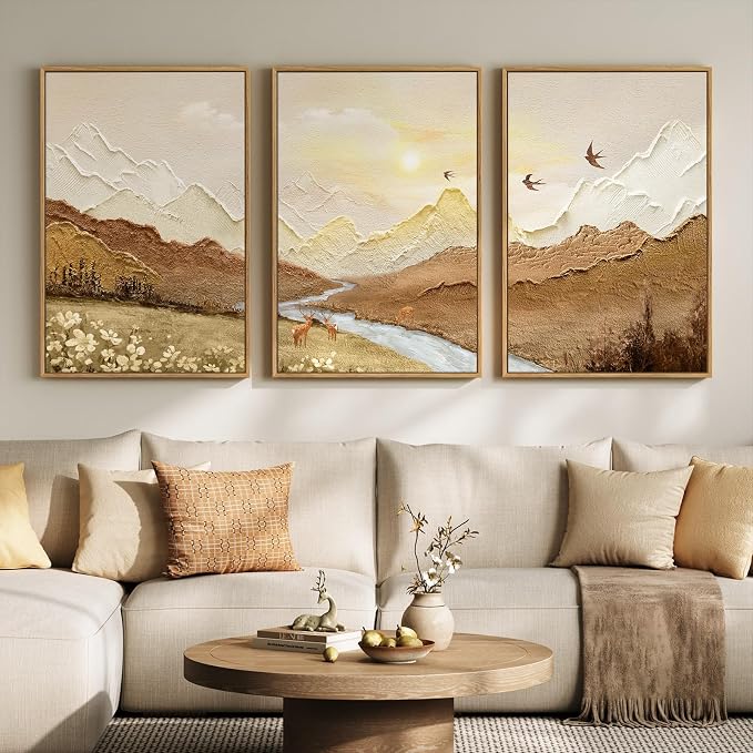 Framed Brown Abstract Mountain Wall Art for Living Room, 3 Piece, 24x36 In | Landscape, Neutral, Sunset scenic, Nature, River, Deer bird print, Minimalist, Rustic, Bedroom decor, Home office, Hallway
