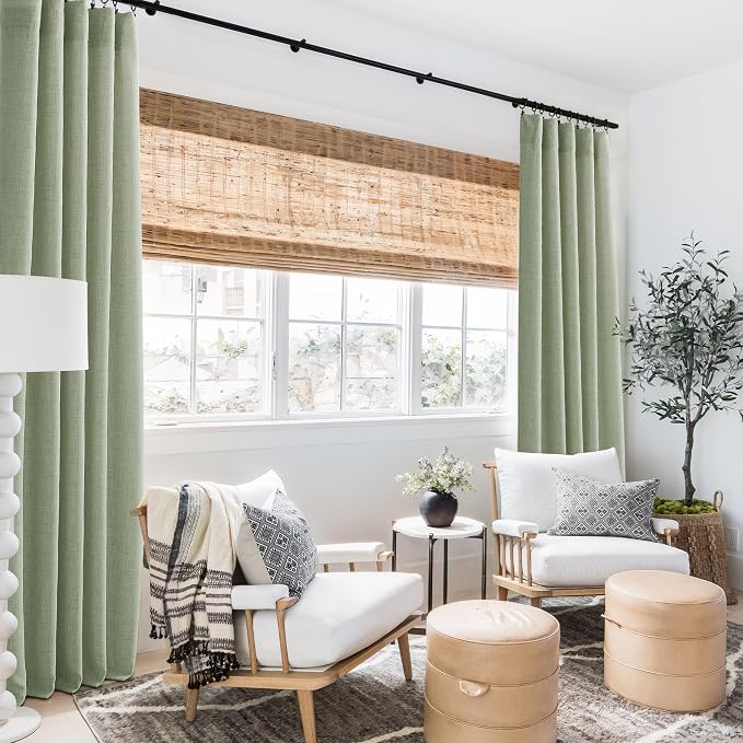 RYB HOME Linen Sheer Curtains 108 inches Long for Living Room | Breathable, Weave Textured, Rod Pocket, Semi Sheer, Sage Green, for Dining Room, W52 x L108, 2 Panels Set
