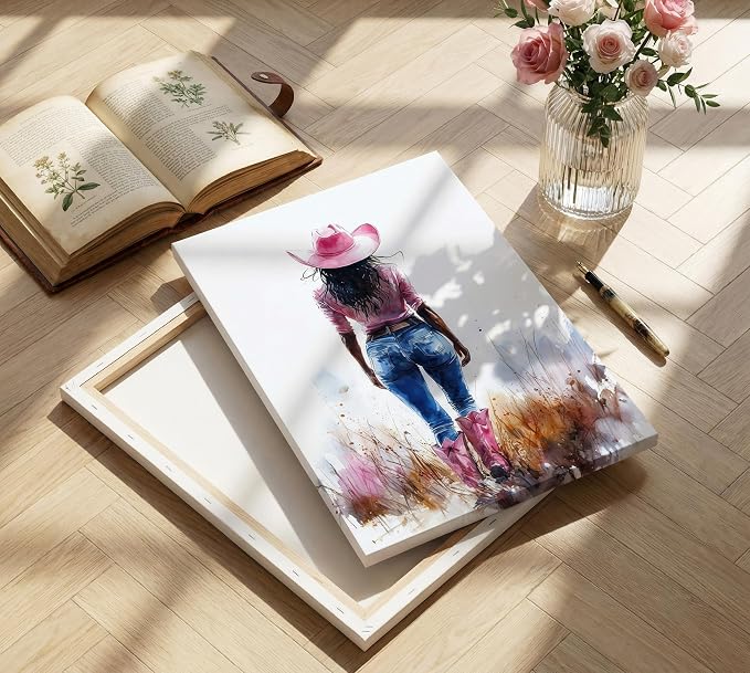 Pink Black Girl Canvas Wall Art Fashion Cowgirl Wall Decor Picture | West African American Girl Wilderness Cowgirl for Print Teen Girls Room Preppy Dormitory Bedroom Artwork Home Decoration
