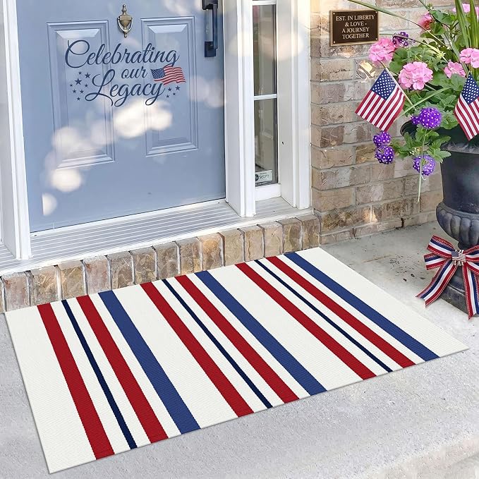 KILOCOCO 250th Anniversary Patriotic Striped Doormat 2.3'x3.6', Red Blue | Washable Front Door Mat, Cotton Welcome Mat for Independence Day, Woven Outdoor Rug for Memorial Day, Entryway Rug