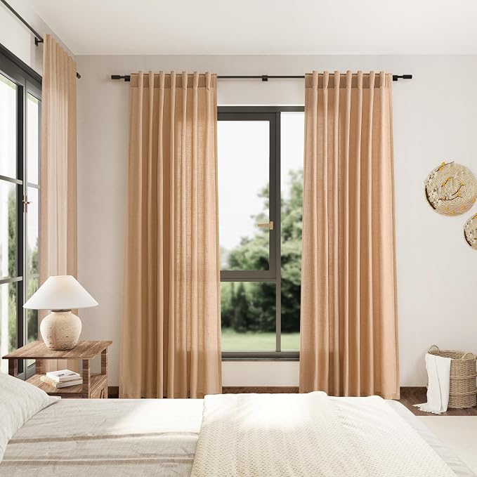 Camel Linen Curtains 2 Panels Set for Living Room Back Tab Rod Pocket Window Drapes Light Filtering Semi Sheer Elegant Farmhouse Curtain 100 Inches Long for Dining Room Bedroom 52x100