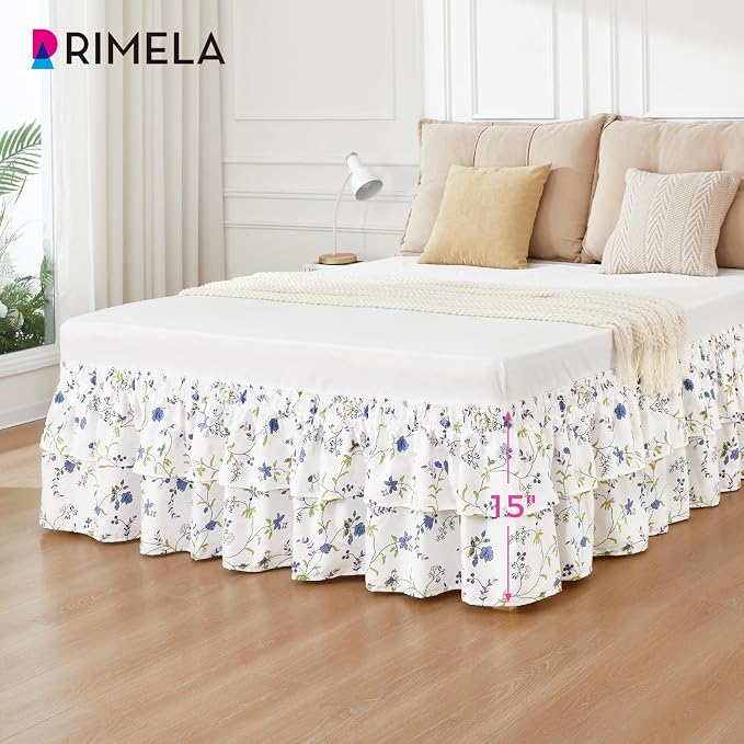 RIMELA Ruffle Bed Skirt Blue Berry Floral Queen 15 Inch Drop, Elastic Wrap Around Bed Skirting Queen Size, Easy to Install Dust Ruffle, Machine Washable Soft Fabric, Multi Ruffle Bedskirt
