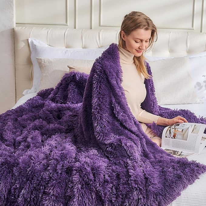 GONAAP Fuzzy Faux Fur Twin Blanket for Couch, Purple, 60"x80" | Warm Cozy Plush Shaggy Decorative Reversible Thick Non-Heated Fleece Blanket for Sofa Bed, Gift for Women Men, All Season Use