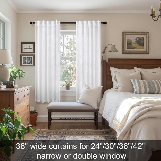 Pitalk White Curtains 38 Inch Wide for Windows 2 Panels Back Tab Loops Rod Pocket Light Diffusing Semi Sheer Linen Curtains for Bedroom Living Room Closet Doors Doorway 38 Inch Width by 63 Inch Length
