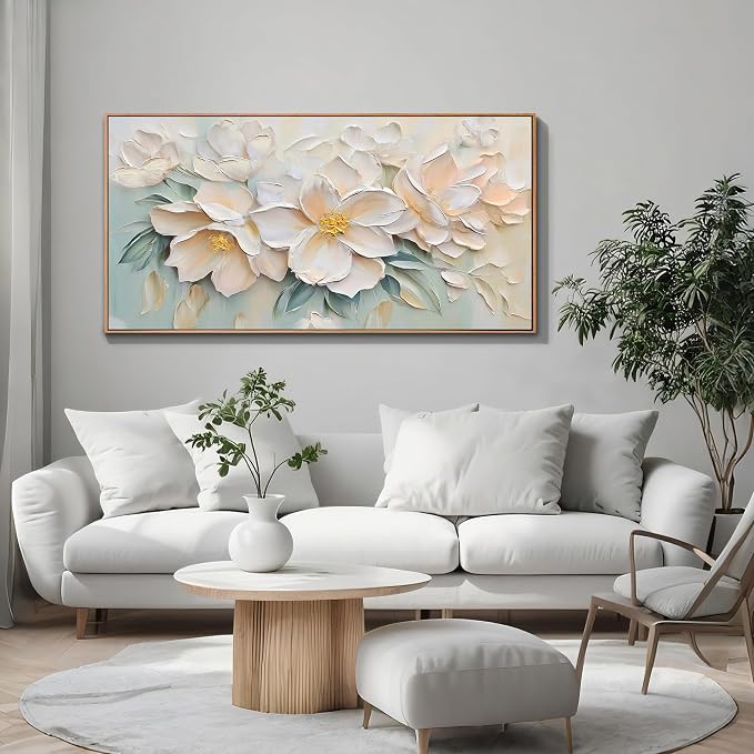 Anolyfi Framed Floral Large Canvas Wall Art for Living Room 40"x20" | Real Wood Framed,HD Print and Hand-painted Textured, Easy to Hang, Botanical Sage Paintings for Hallway Bedroom Office Decor